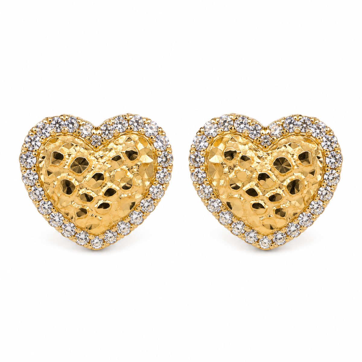 Front view of 13mm 14K solid gold heart nugget stud earrings with clear cubic zirconia halo