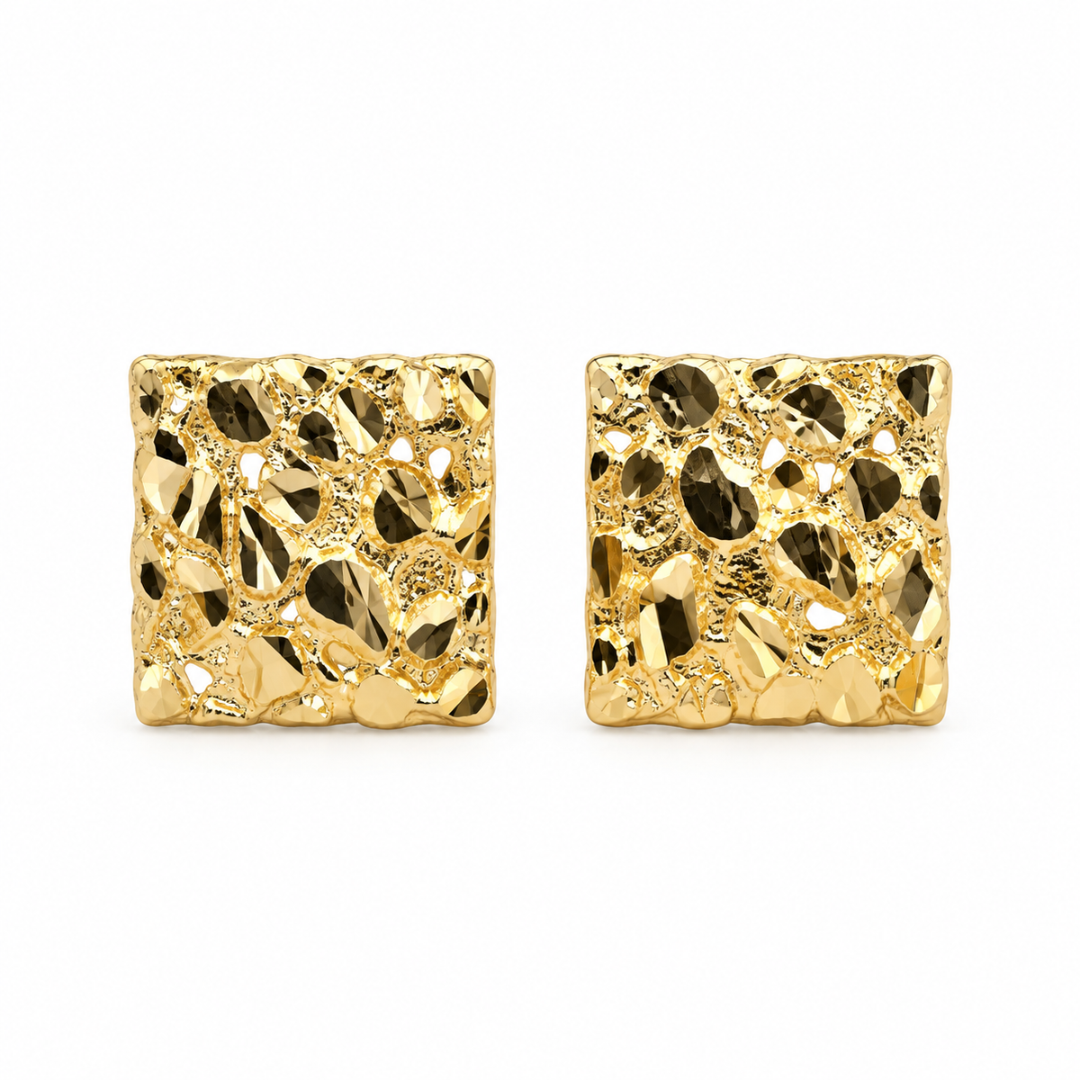 Front view of 10mm square nugget stud earrings crafted in 14K solid yellow gold
