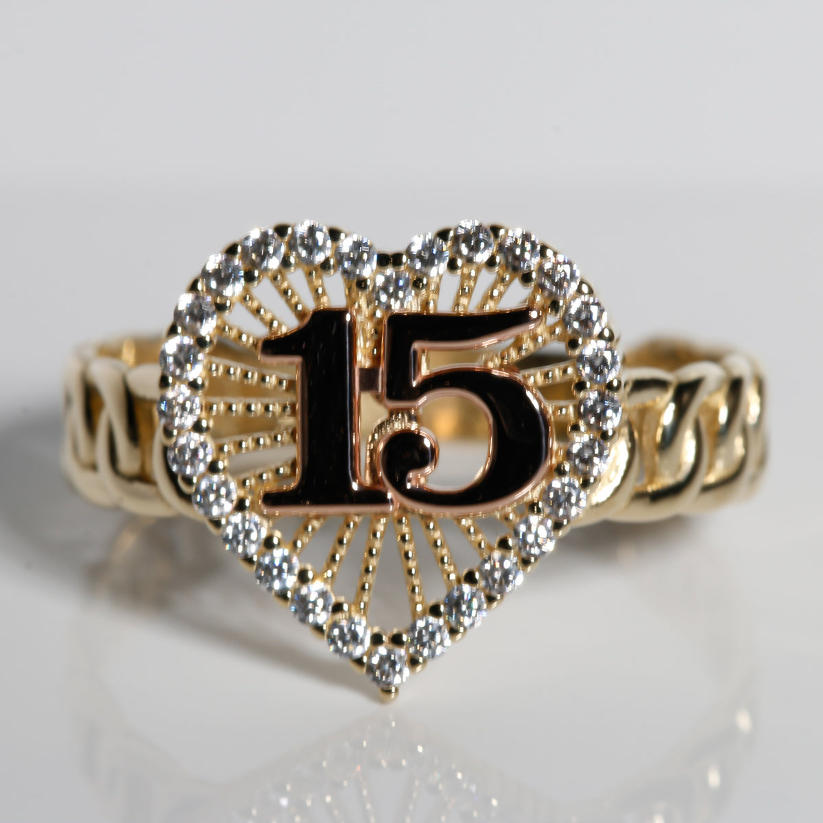 Golden Heart Chain Quinceañera “15” Ring – 14K Solid Gold with Clear CZ