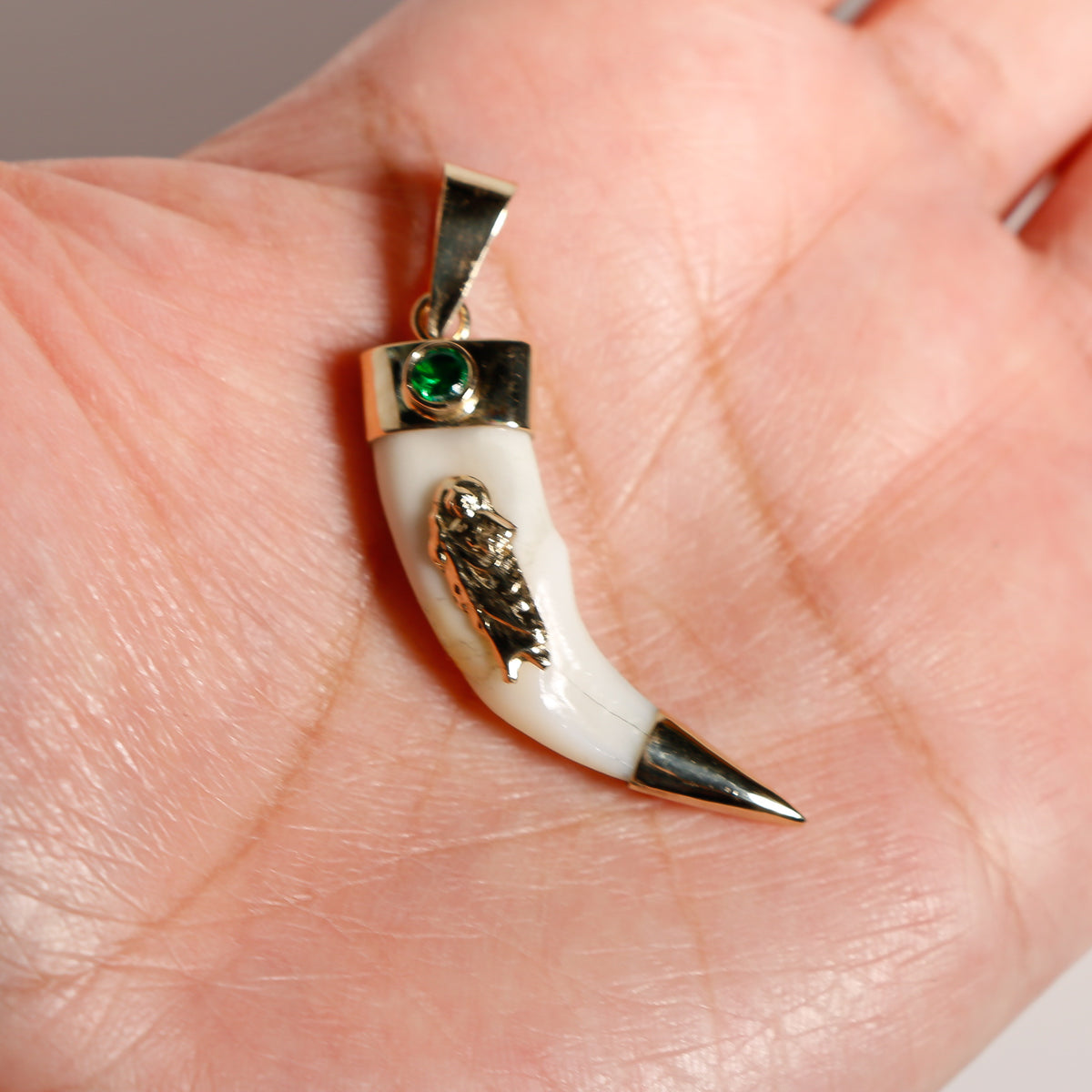 14K Solid Gold San Judas Tadeo Colmillo (Fang) Pendant with Emerald Color Cubic Zirconia