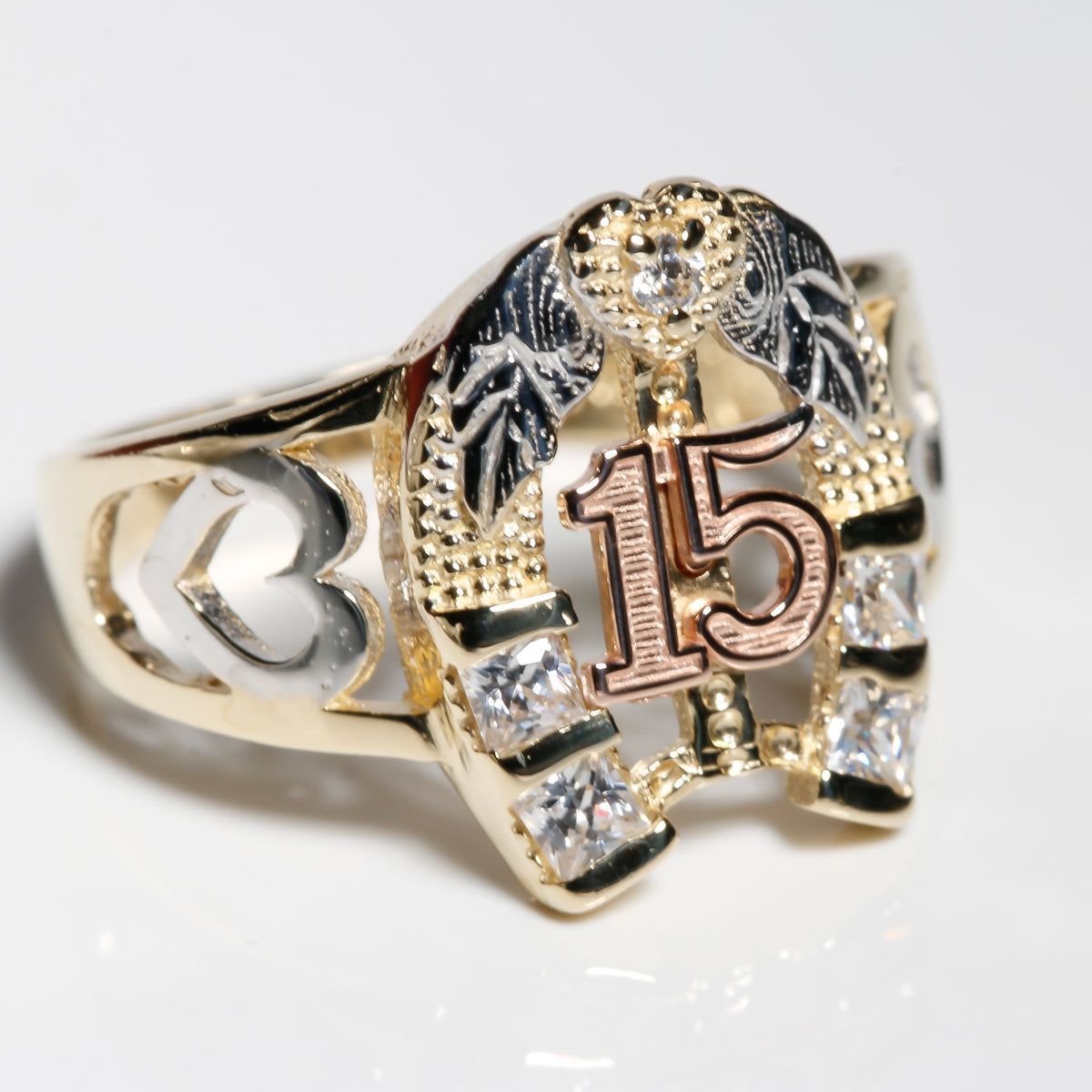 Lucky Horseshoe Quinceañera “15” Ring – 14K Solid Gold Three-Tone with Clear CZ