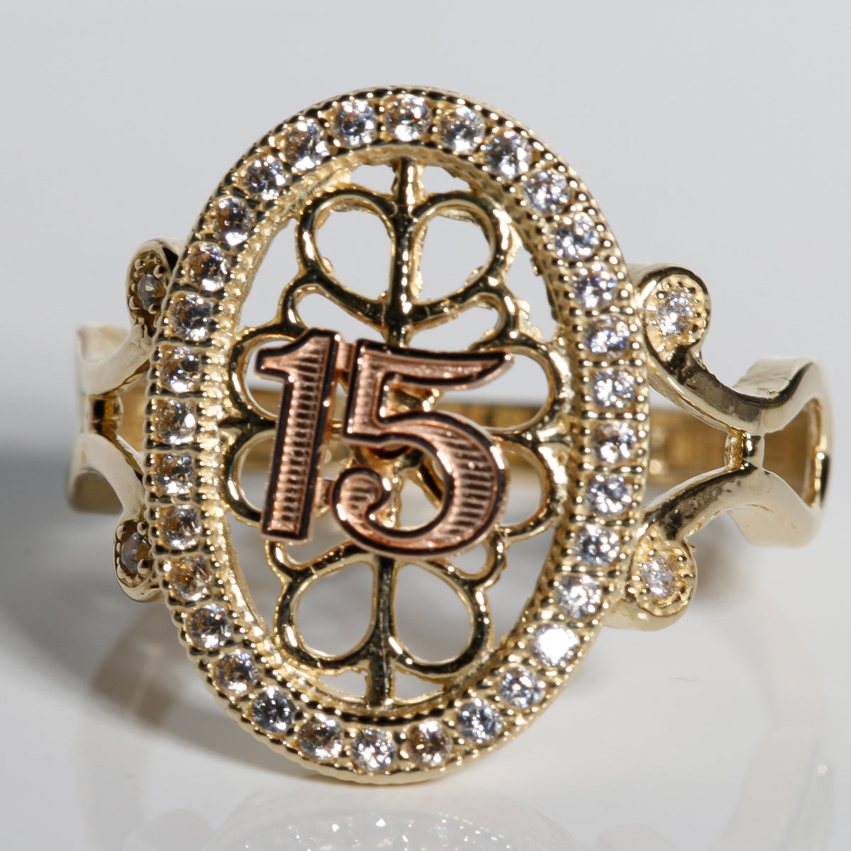 Royal Oval Quinceañera Ring – 14K Solid Gold Three-Tone “15” with CZ