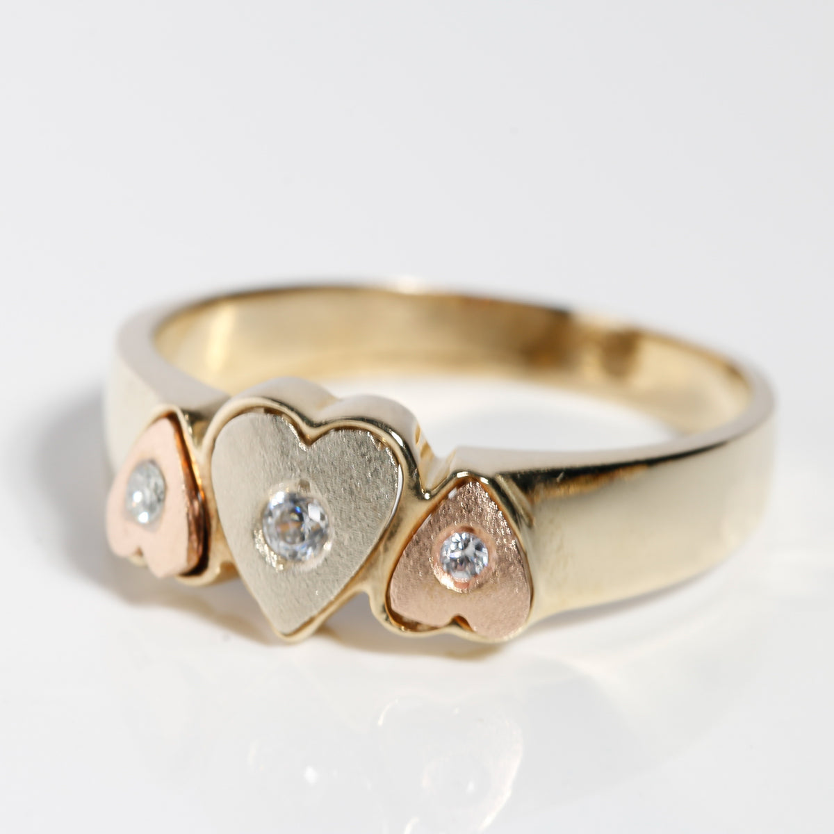 14K Solid Gold Tricolor Three Hearts Ring
