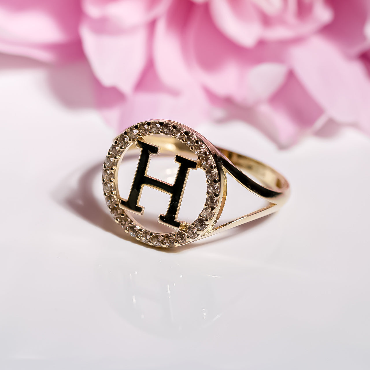 Letter H Ring cz, 14K Solid Yellow Gold