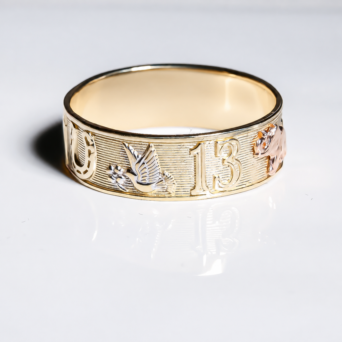 14K Solid Gold Tri-Color Lucky Symbols Ring – Good Luck Charm Band