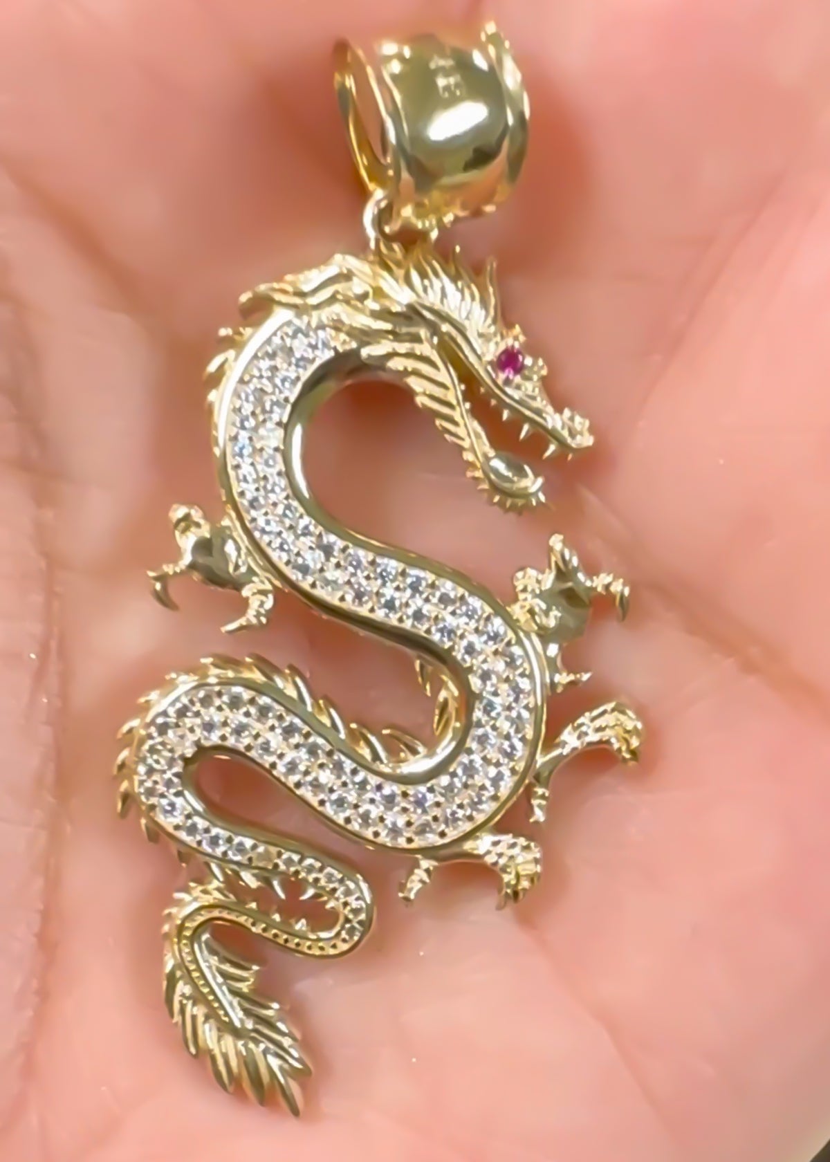 Dragon Pendant cz, 14k Solid Yellow Gold