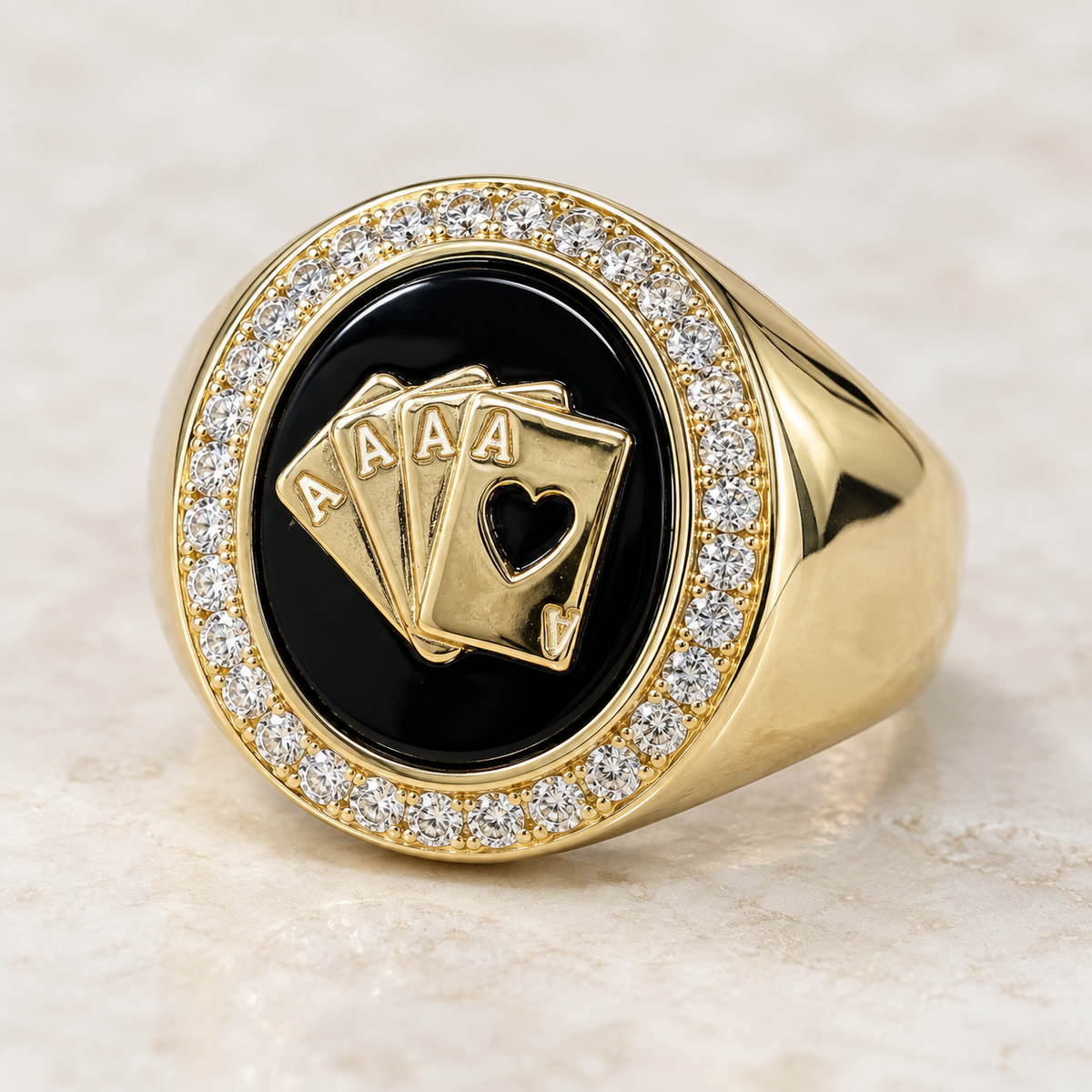 14K Solid Yellow Gold Four Aces Men’s Ring with Clear CZ