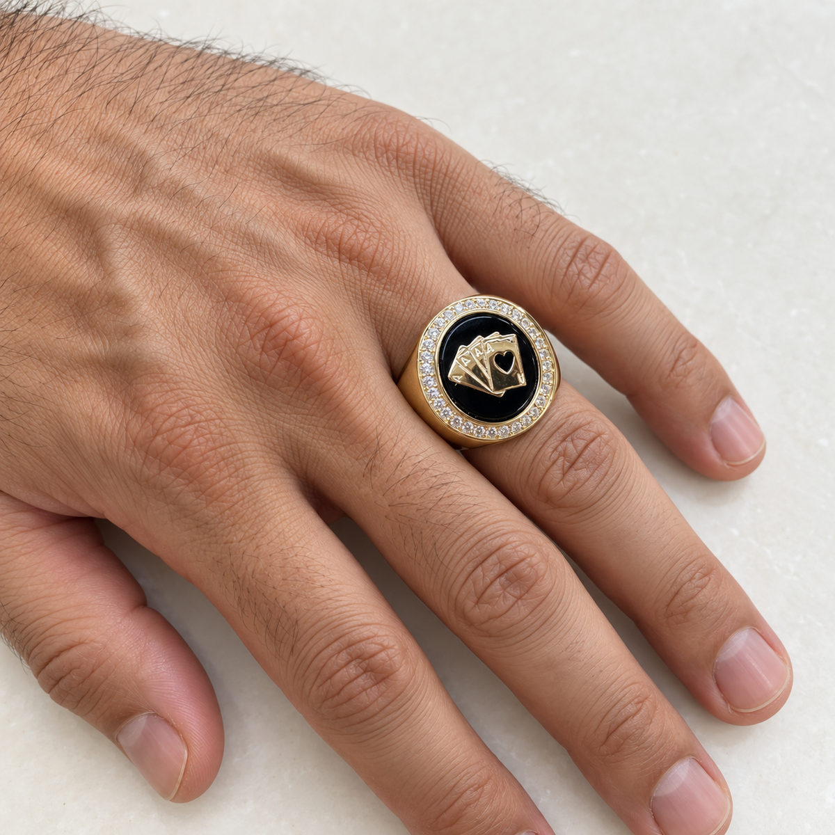 14K Solid Yellow Gold Four Aces Men’s Ring with Clear CZ