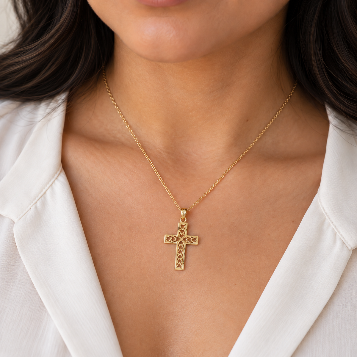 14K Solid Gold Open Heart Cross Pendant for Women & Girls