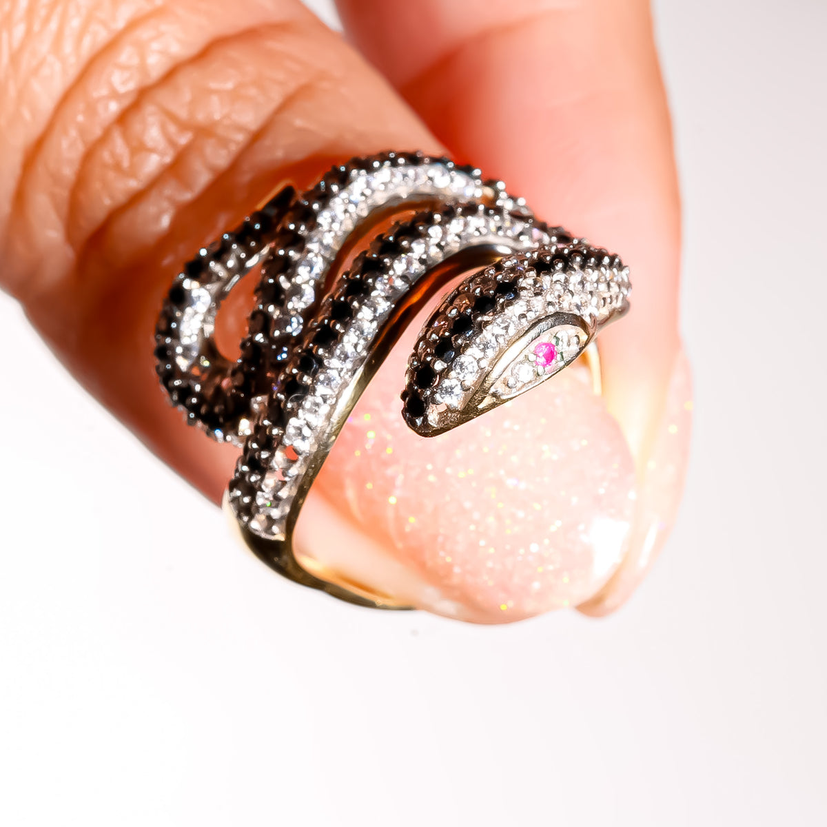 Elegant Snake Ring cz, 14K Solid Yellow Gold