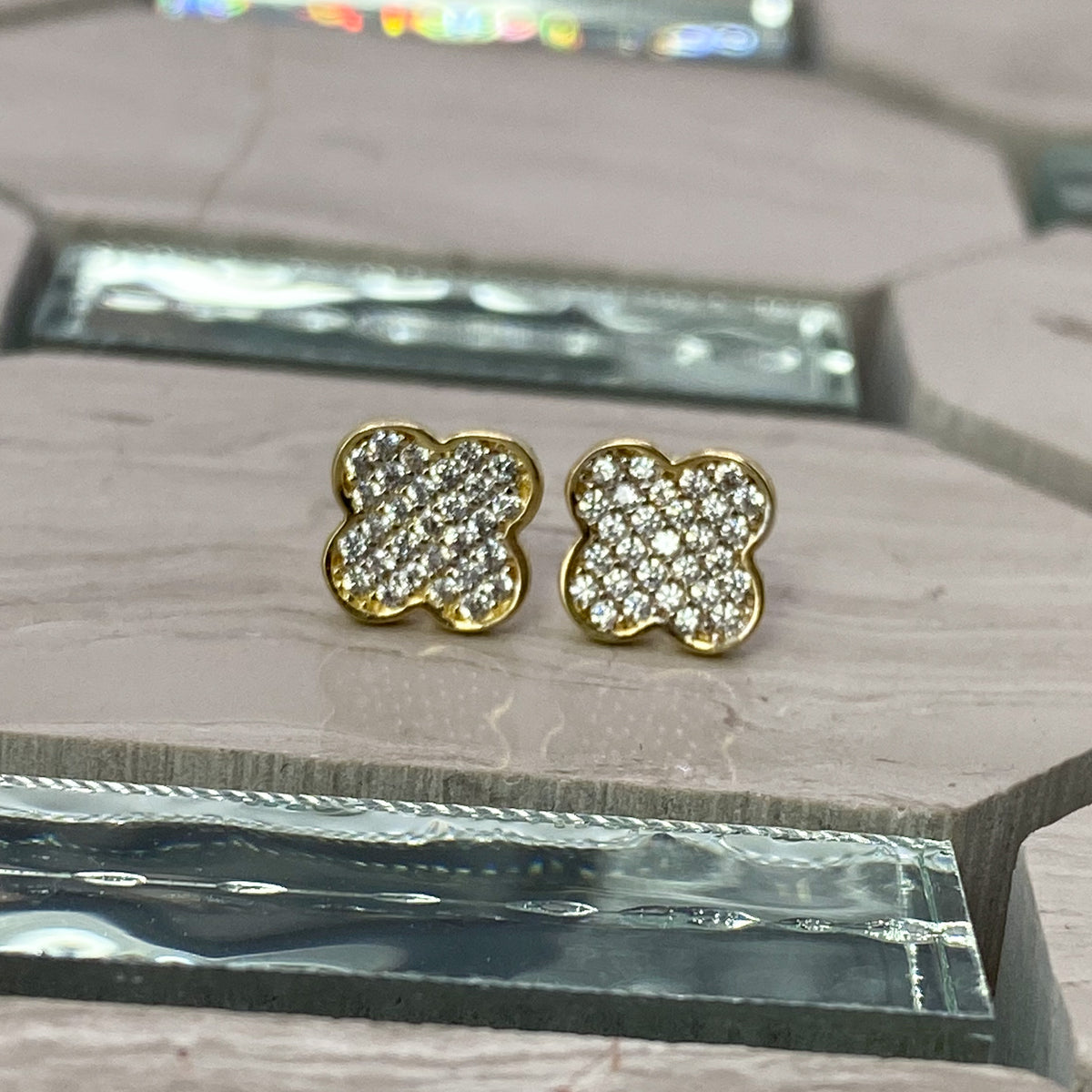 Sunshine Bloom: Four-Point Flower Earrings cz, 14K Solid Yellow Gold