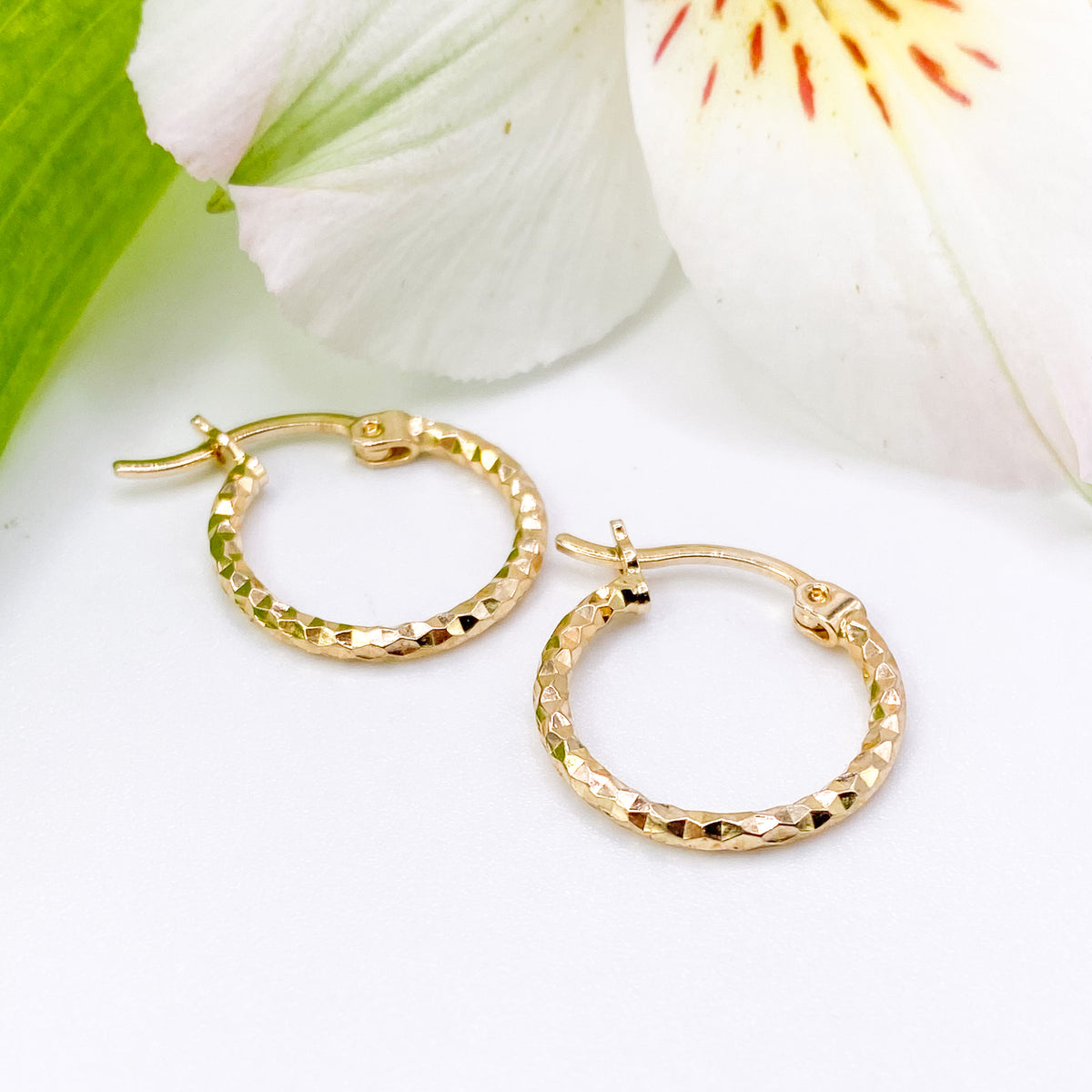 Diamond Cut 15mm Hoop Earrings, 14K Solid Yellow Gold
