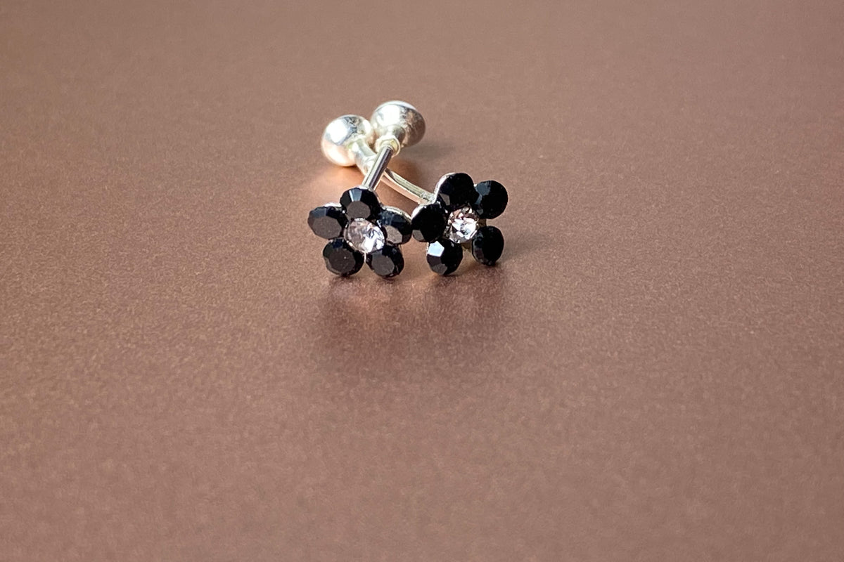5mm Black Flower Earrings cz , 925 Sterling Silver