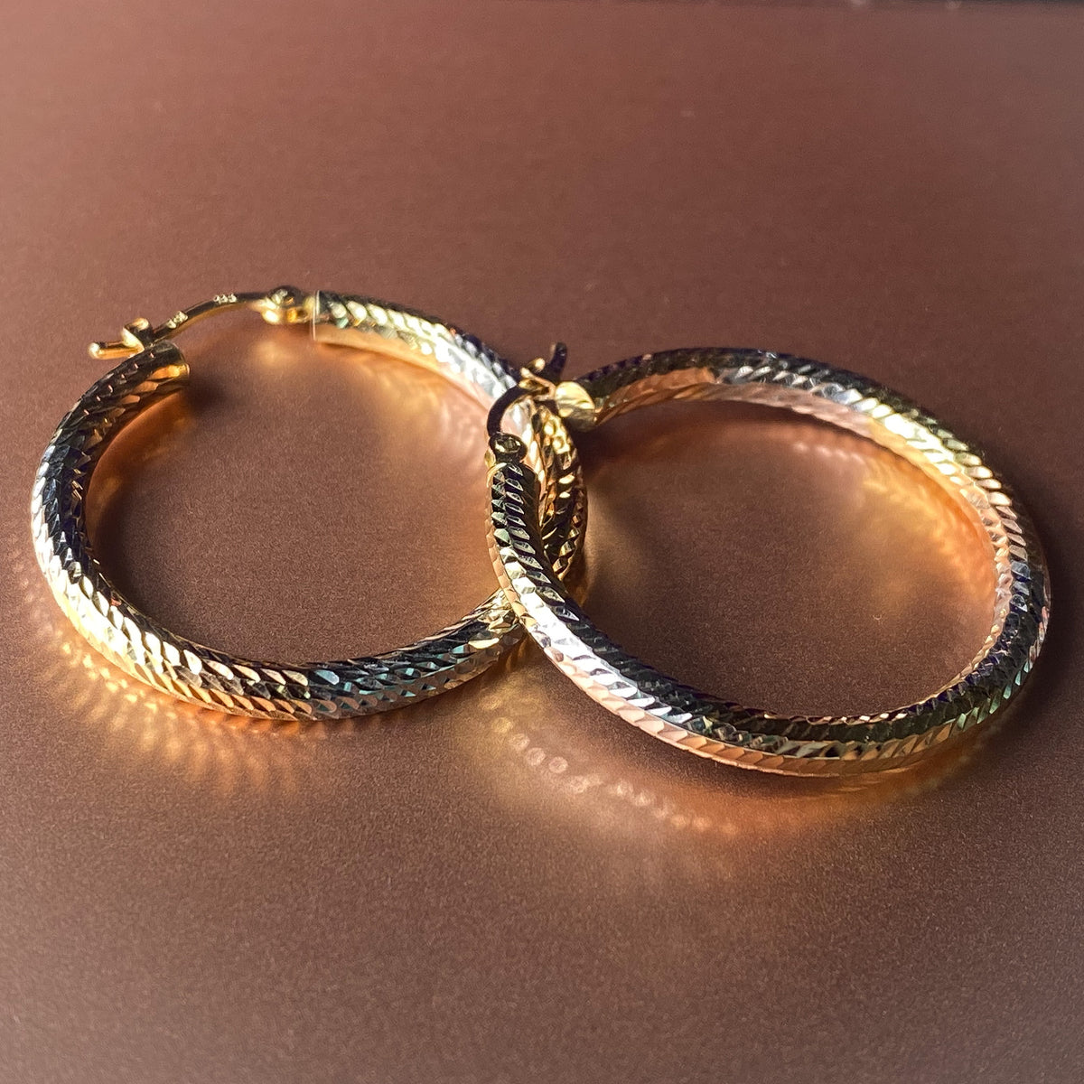 Diamond cut Hoop Earrings, 14K Solid Tri-color Gold