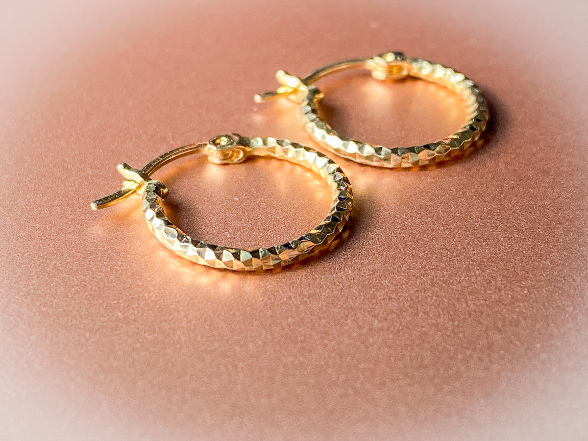 Diamond Cut 15mm Hoop Earrings, 14K Solid Yellow Gold