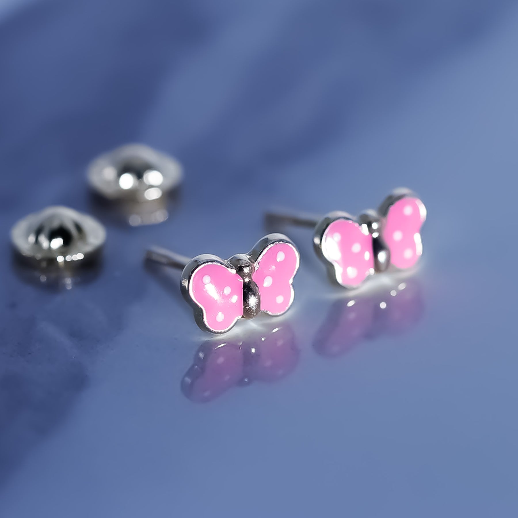 Pink Butterfly studs, 14K Solid Yellow Gold Earrings