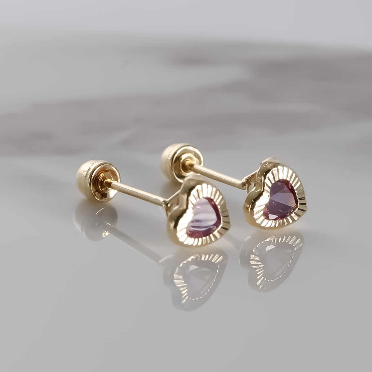 Heart Amethyst cz Earrings, 14K Solid Yellow Gold