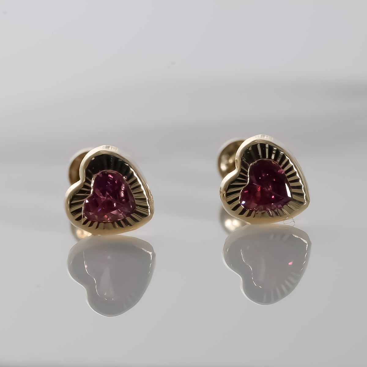 Heart Amethyst cz Earrings, 14K Solid Yellow Gold