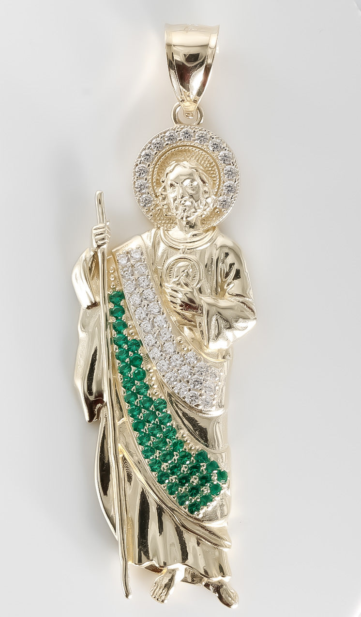 San Judas Tadeo Pendant cz, 14K Solid Yellow Gold