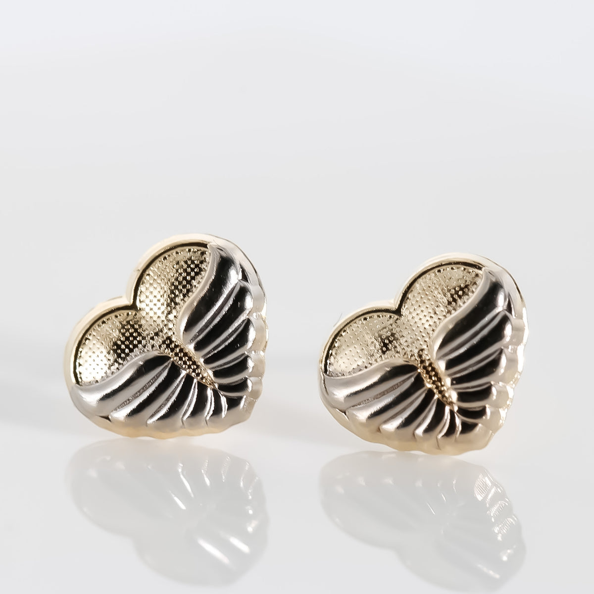Heart with Wings Earrings; 14K Two-color Solid Gold
