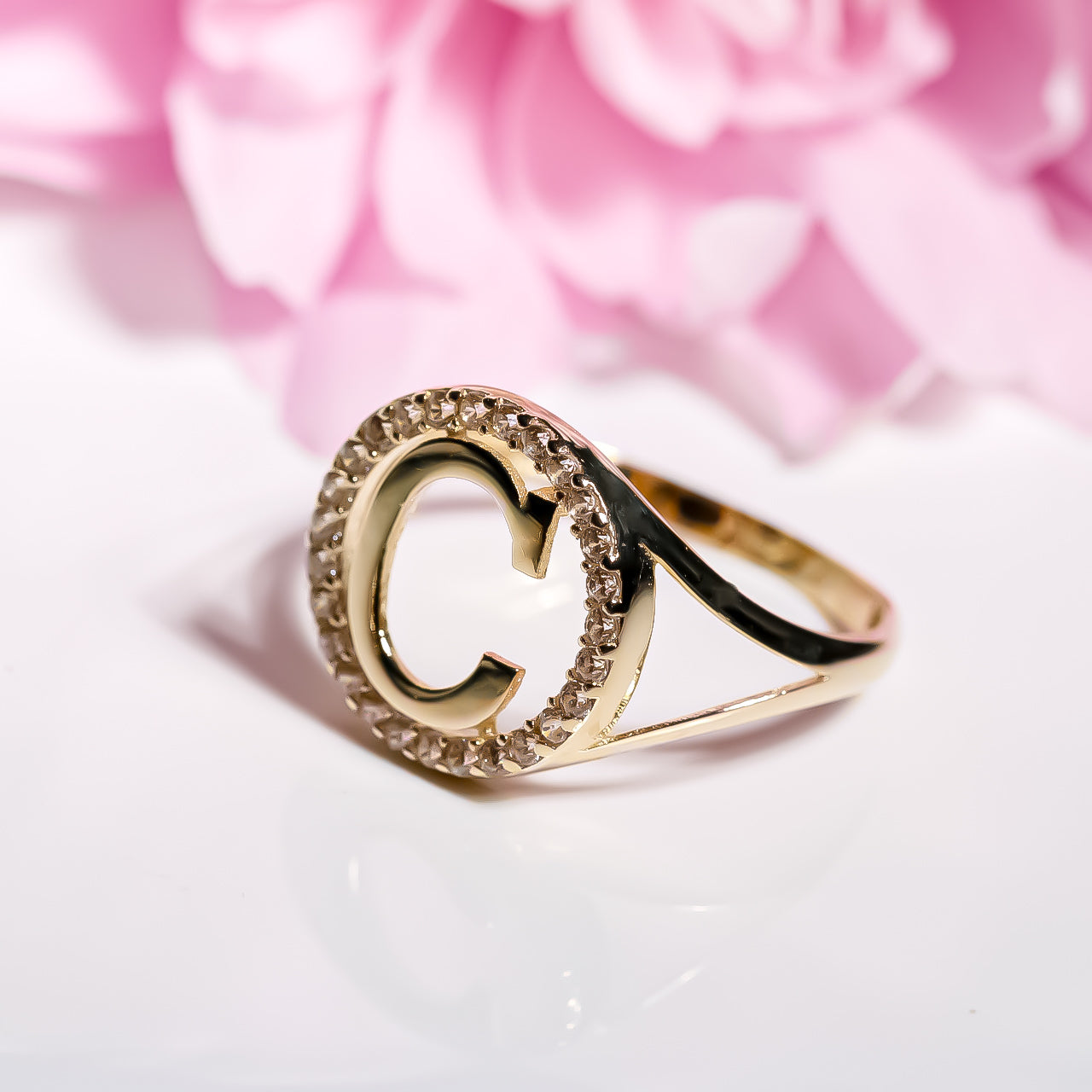 Letter C Ring cz, 14K Solid Yellow Gold