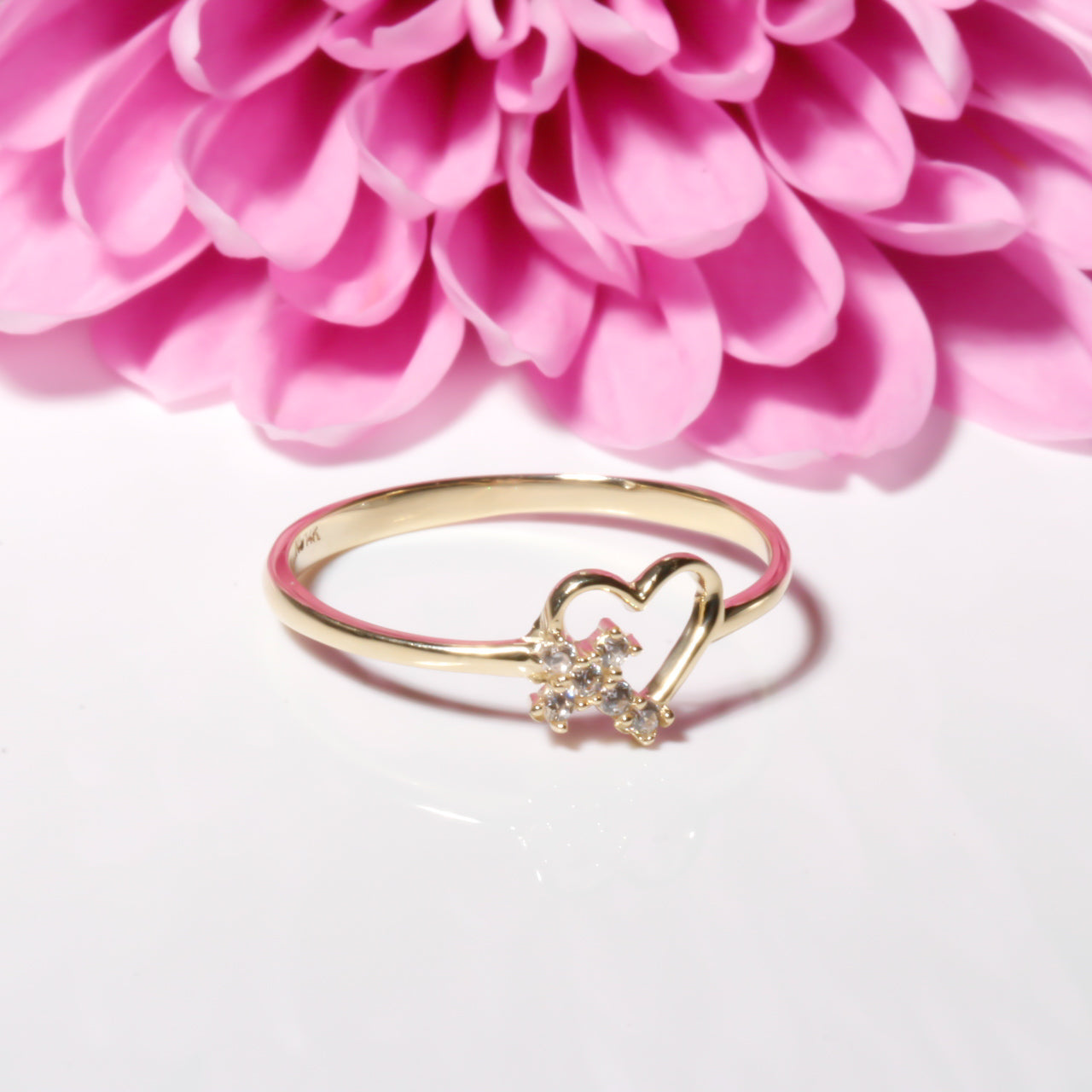 Heart and Cross Ring with Cubic Zirconia Stones – 14K Solid Yellow Gold