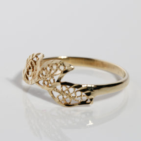 Side view of 14K solid gold leaf filigree ring