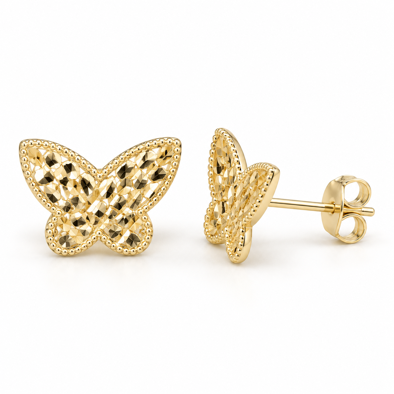     Side and front view of 14K gold butterfly earrings with push-back closure
