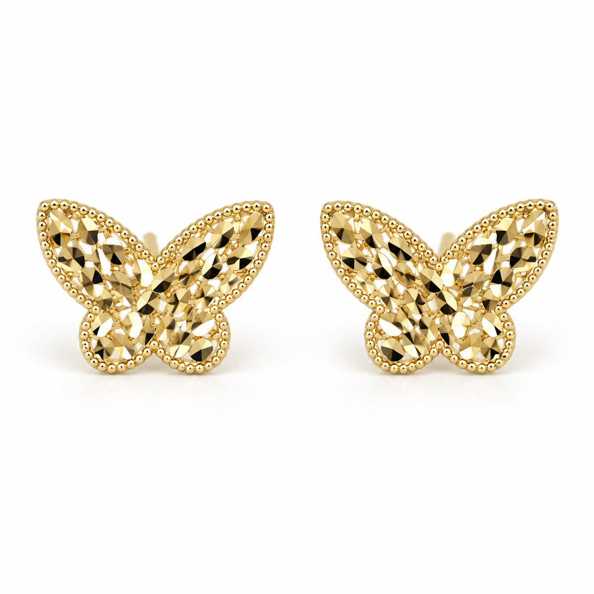     Pair of 14K solid yellow gold butterfly diamond-cut stud earrings