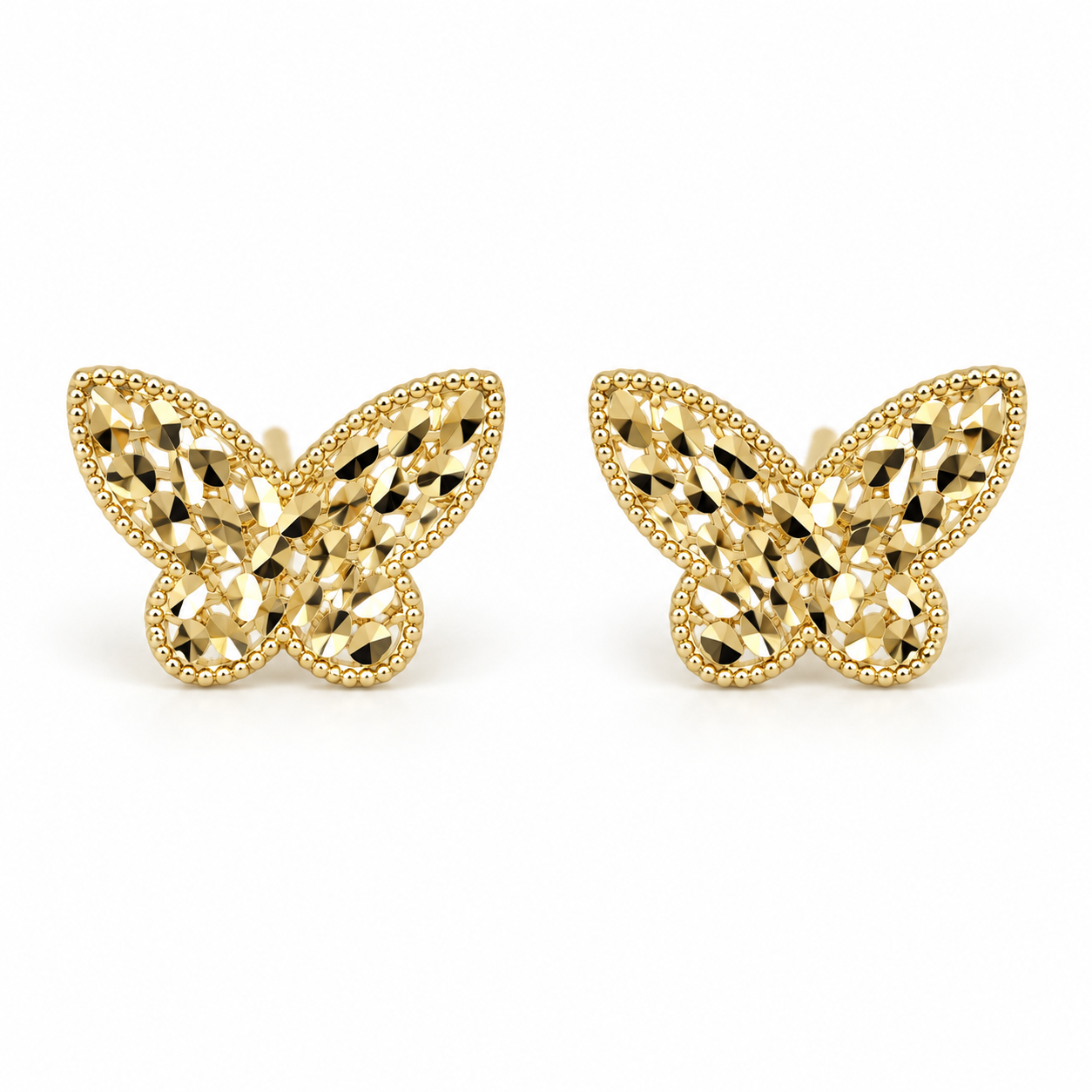     Pair of 14K solid yellow gold butterfly diamond-cut stud earrings