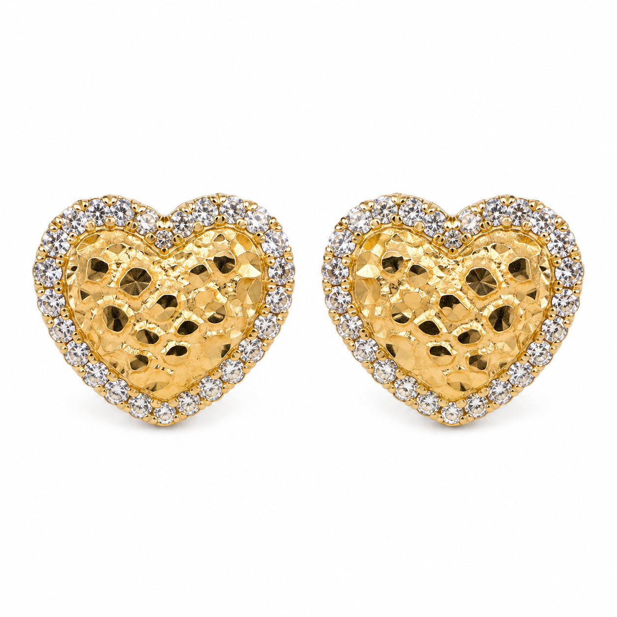 Front view of 13mm 14K solid gold heart nugget stud earrings with clear cubic zirconia halo