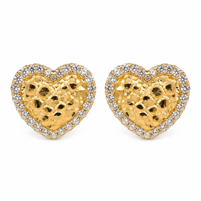 Front view of 13mm 14K solid gold heart nugget stud earrings with clear cubic zirconia halo