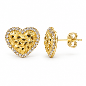 Front and side view of 14K gold heart nugget earrings with cubic zirconia halo and push-back closure