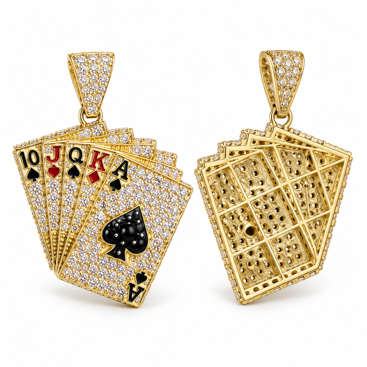 Front and back views of 14K solid gold playing cards pendant showing the openwork construction and stone-set bail