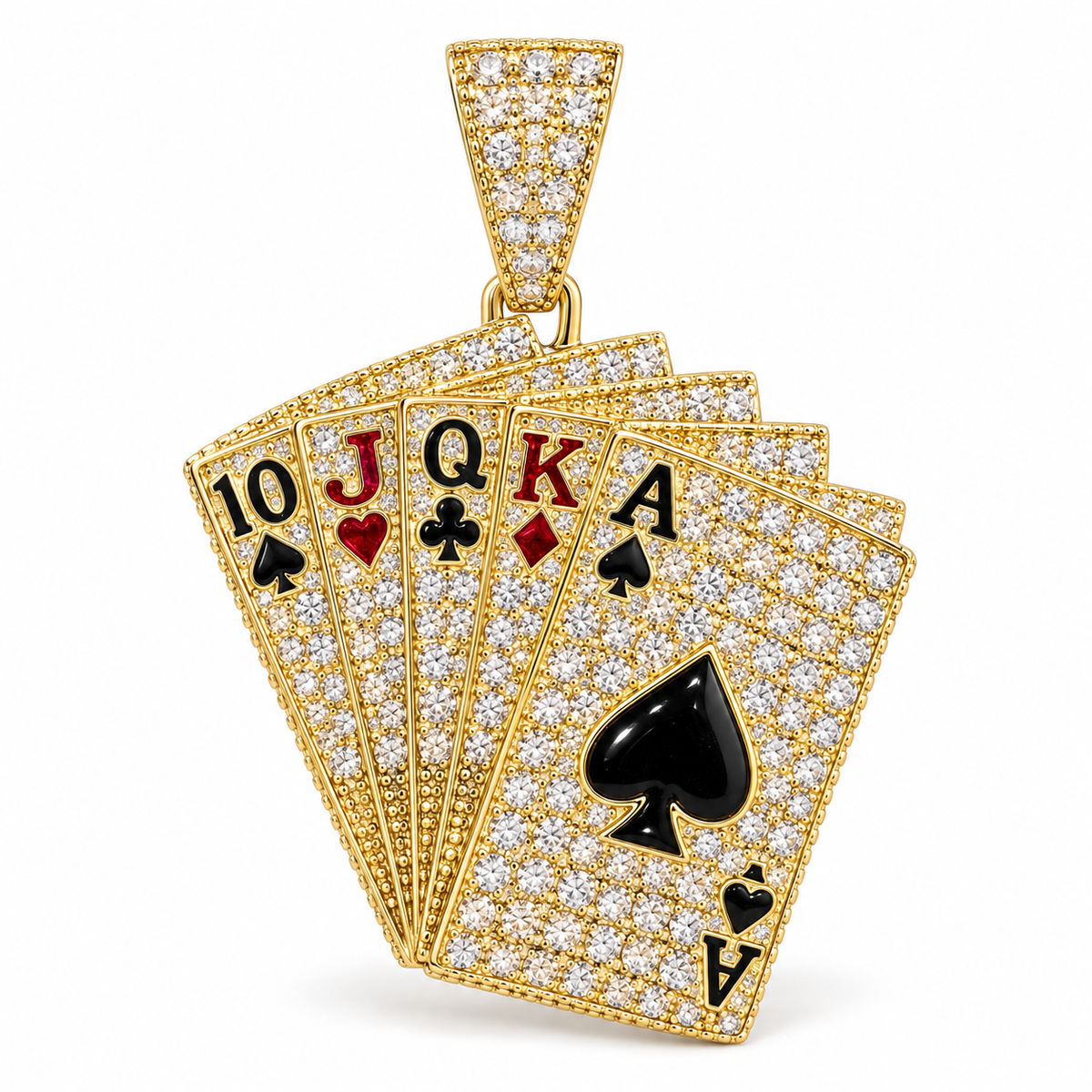 Front view of 14K solid gold playing cards pendant with clear cubic zirconia and red and black details