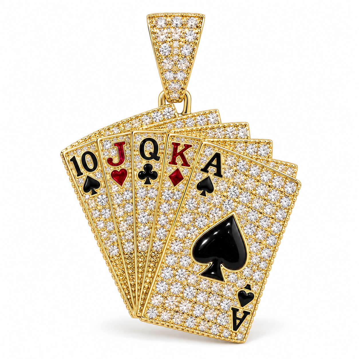Front view of 14K solid gold playing cards pendant with clear cubic zirconia and red and black details