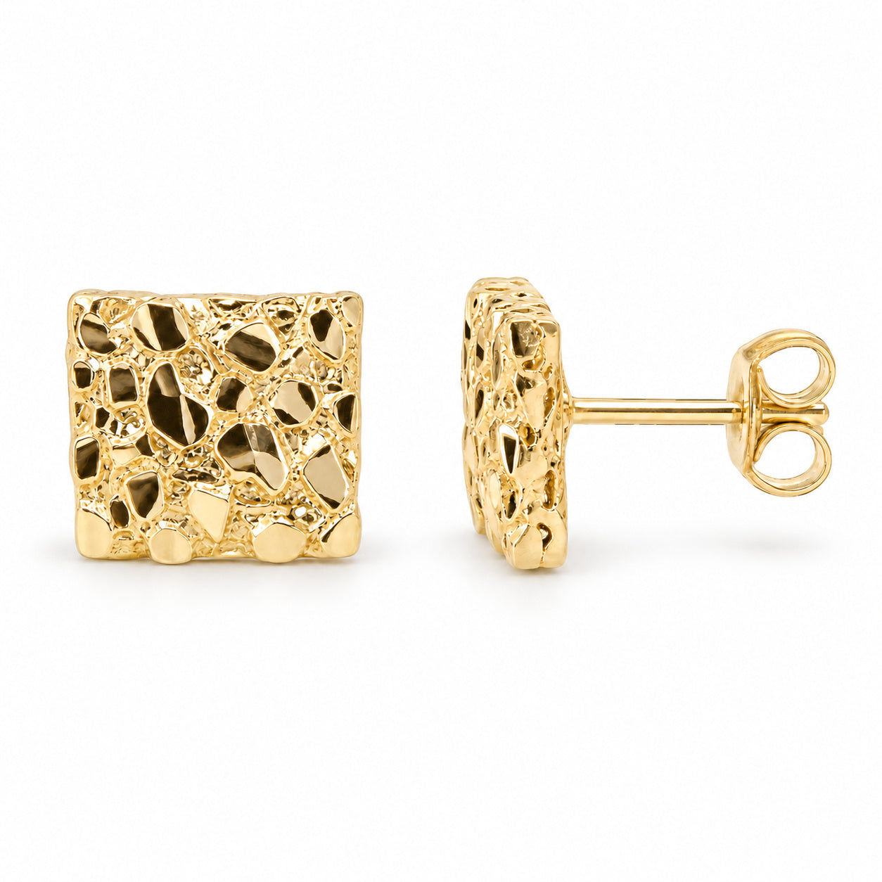 Front and side view of 10mm 14K gold square nugget earrings with push-back closure