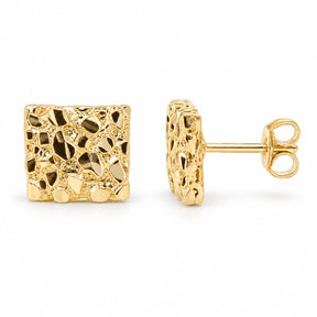 Front and side view of 10mm 14K gold square nugget earrings with push-back closure