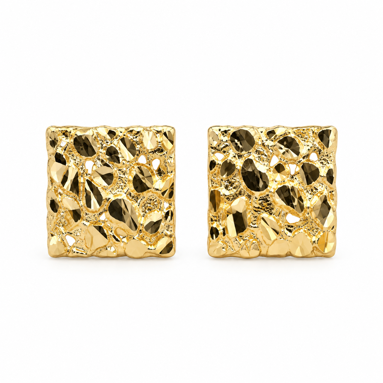 Front view of 10mm square nugget stud earrings crafted in 14K solid yellow gold