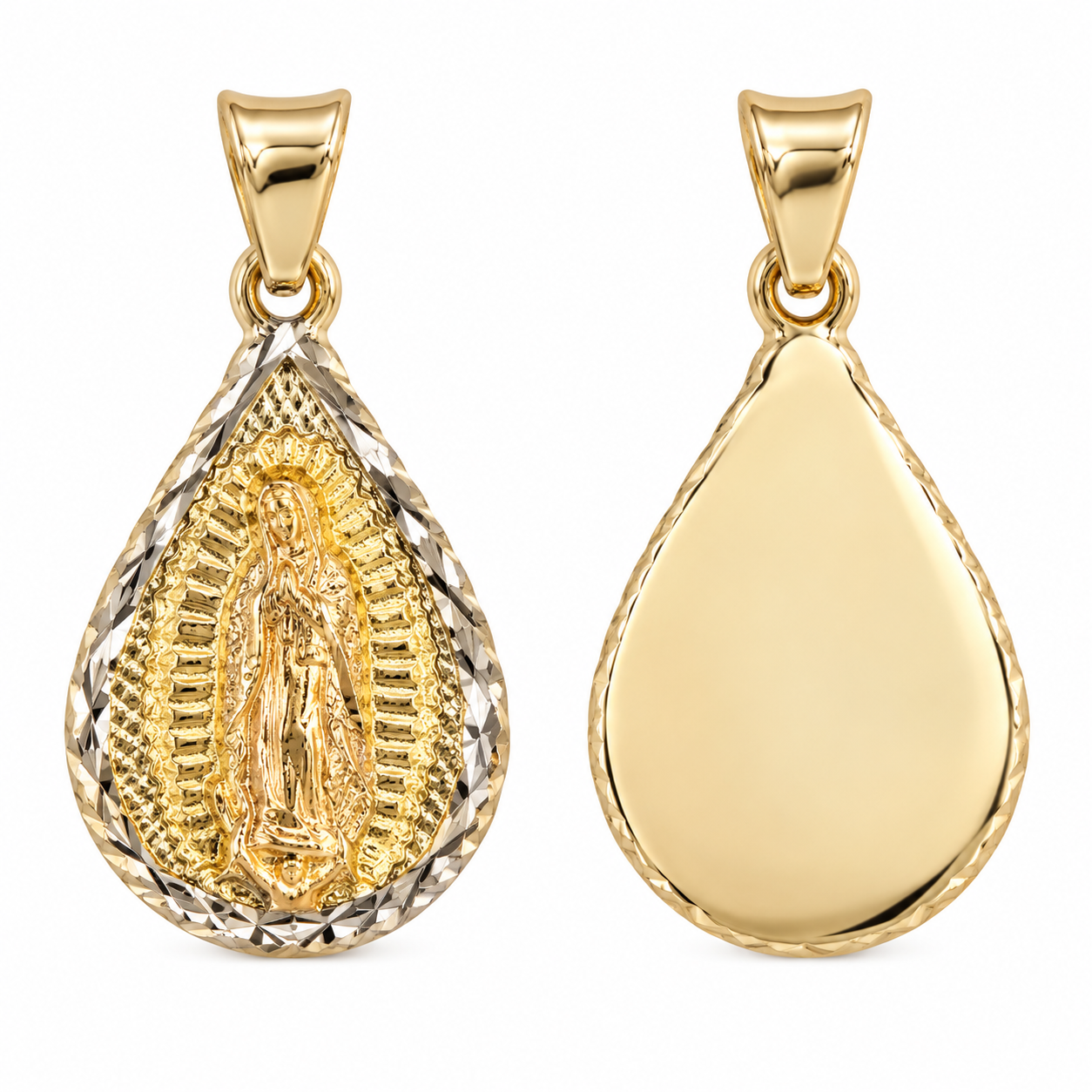 Front and smooth engravable back of 14K solid gold Virgen de Guadalupe pendant