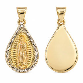 Front and smooth engravable back of 14K solid gold Virgen de Guadalupe pendant