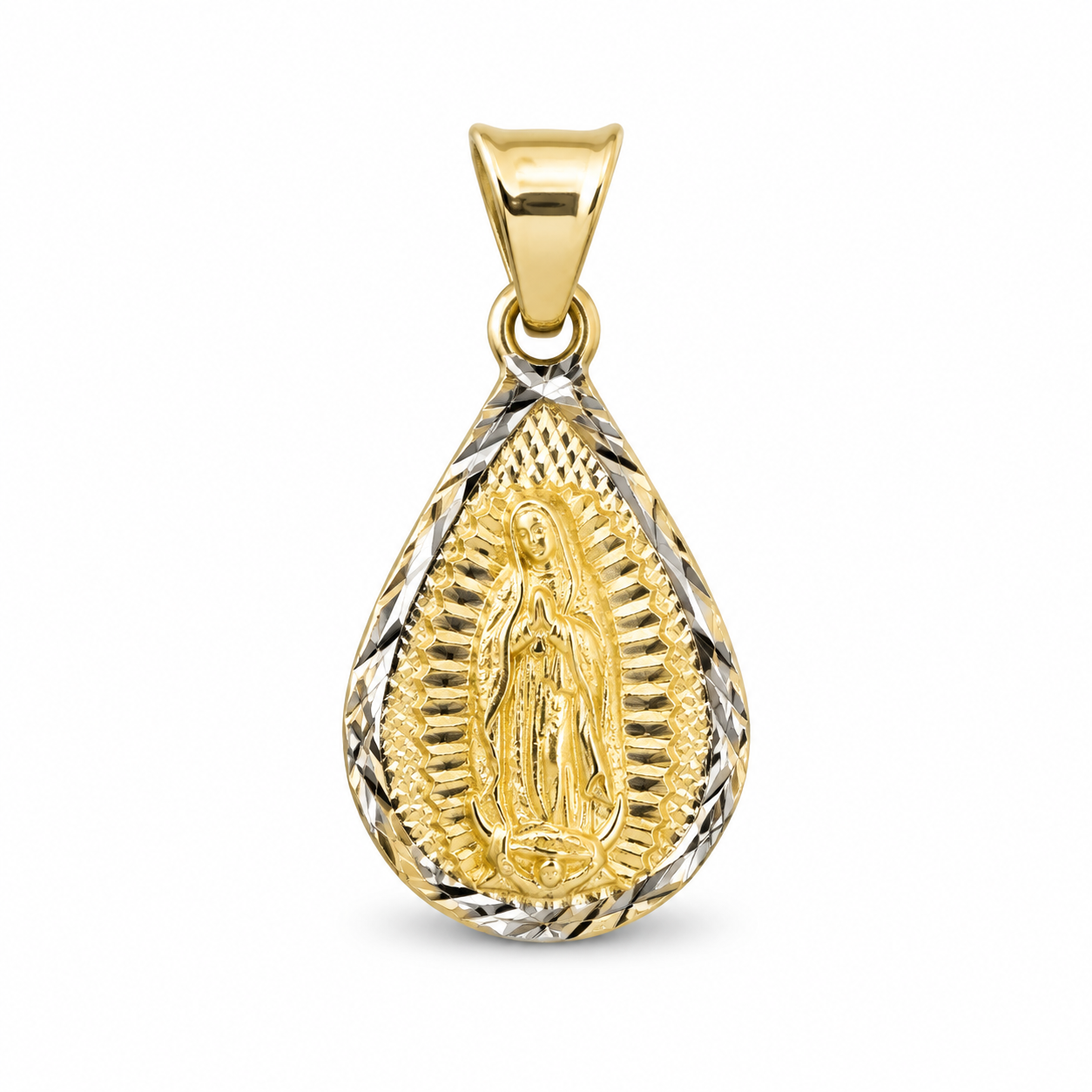 Front view of 14K solid gold Virgen de Guadalupe teardrop pendant with diamond-cut detailing