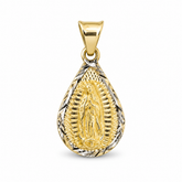 Front view of 14K solid gold Virgen de Guadalupe teardrop pendant with diamond-cut detailing