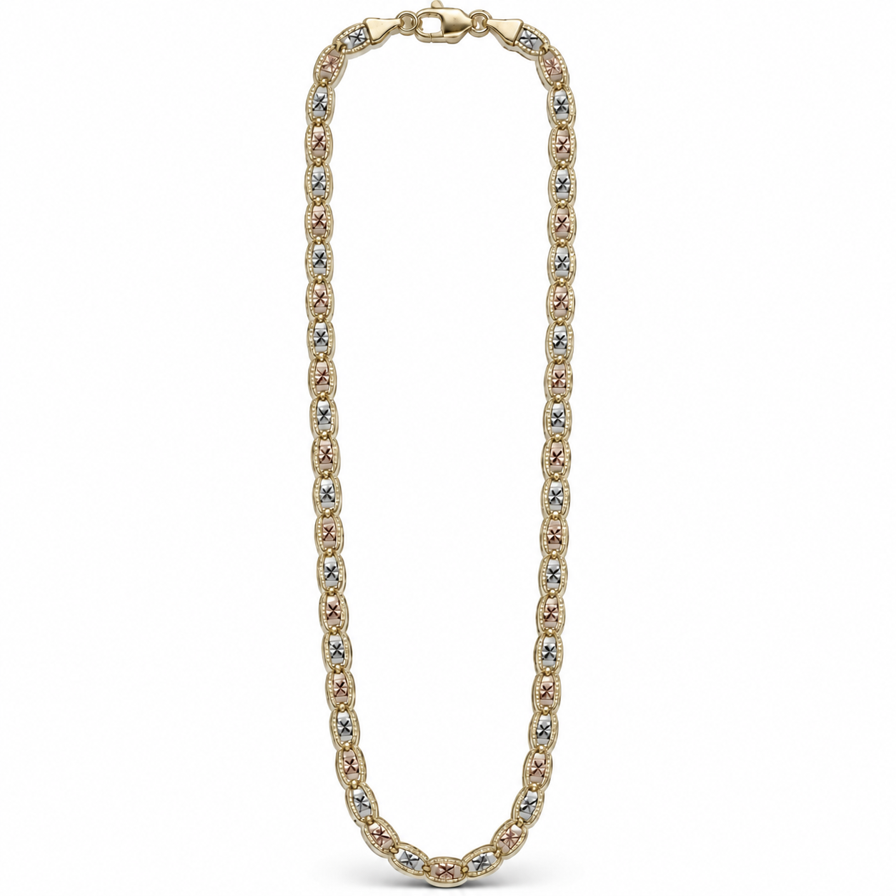     Full 18-inch 14K solid tri-color gold Mariner Gucci link chain on a clean white background