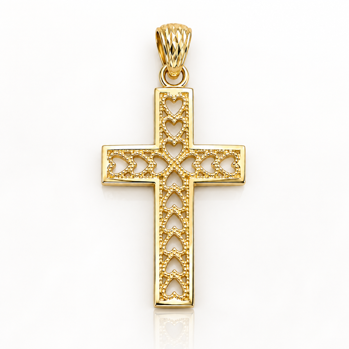 14K solid yellow gold open heart cross pendant front view on a white reflective background