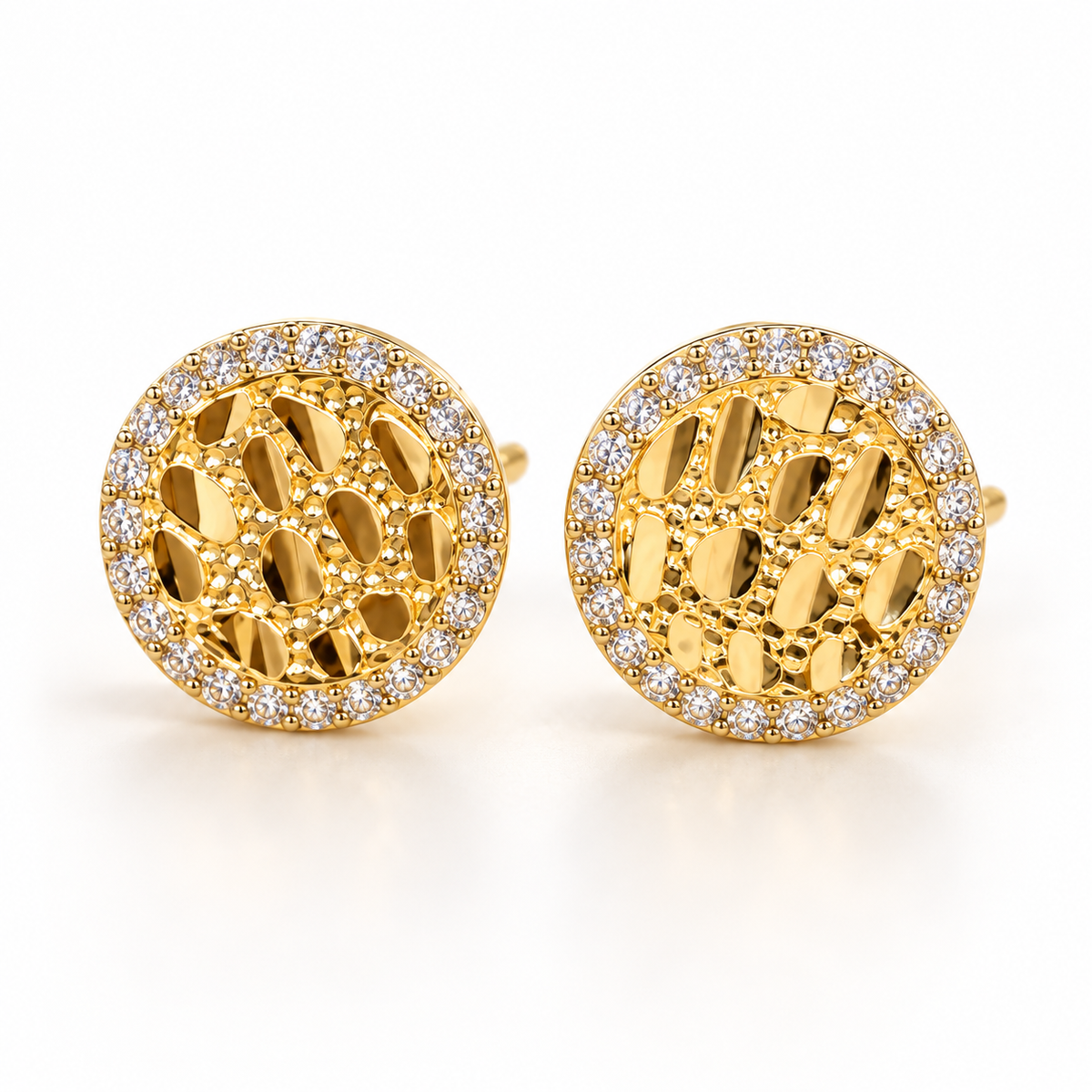 Pair of 12mm round nugget stud earrings in 14K solid yellow gold with clear cubic zirconia