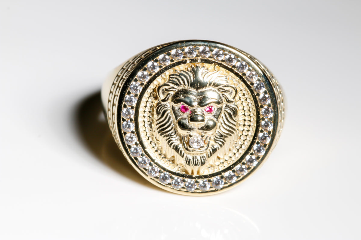 Lion Ring cz, 14k Solid Yellow Gold