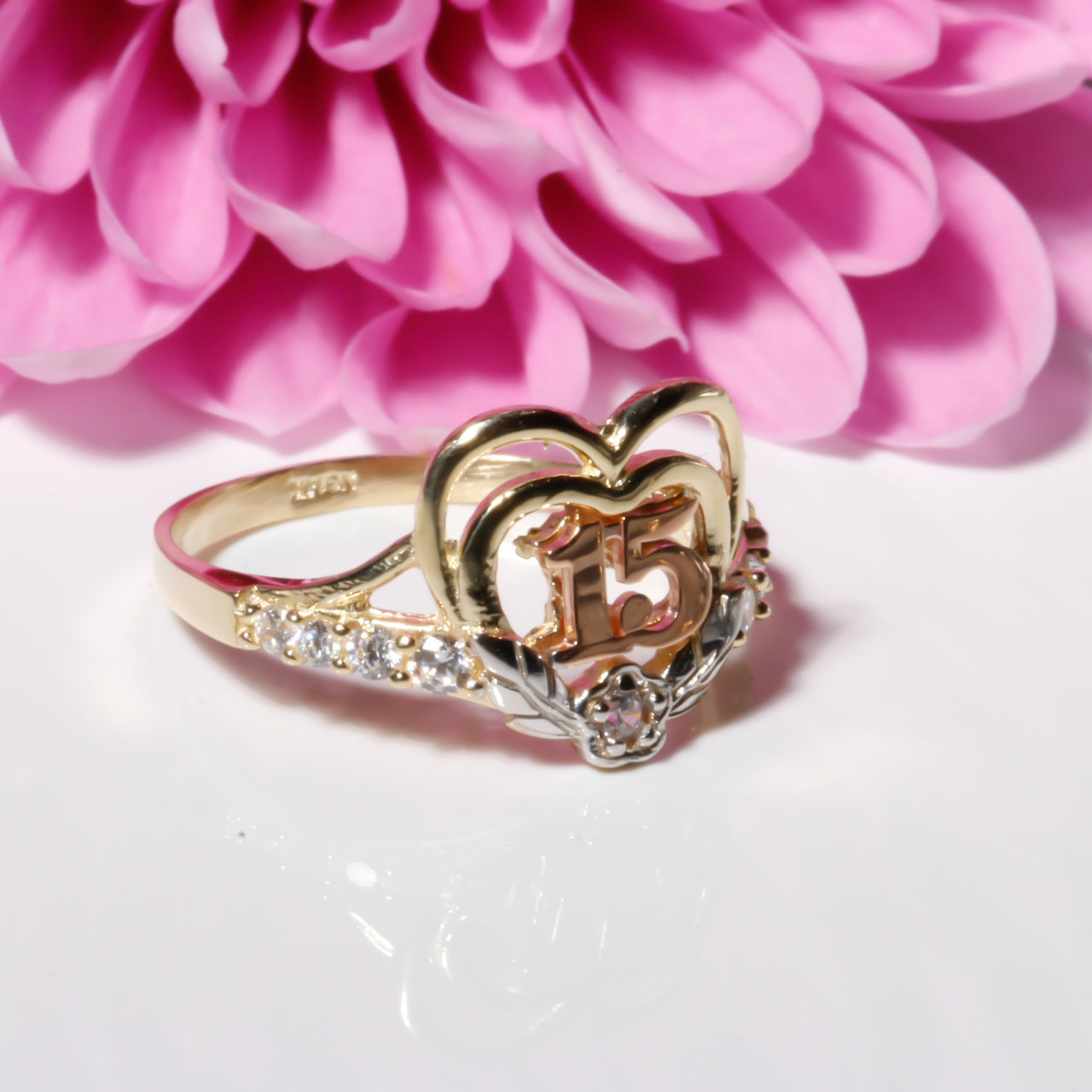 14K Solid Gold Double Heart Quinceañera “15” Ring – Clear Cubic Zirconia Stones