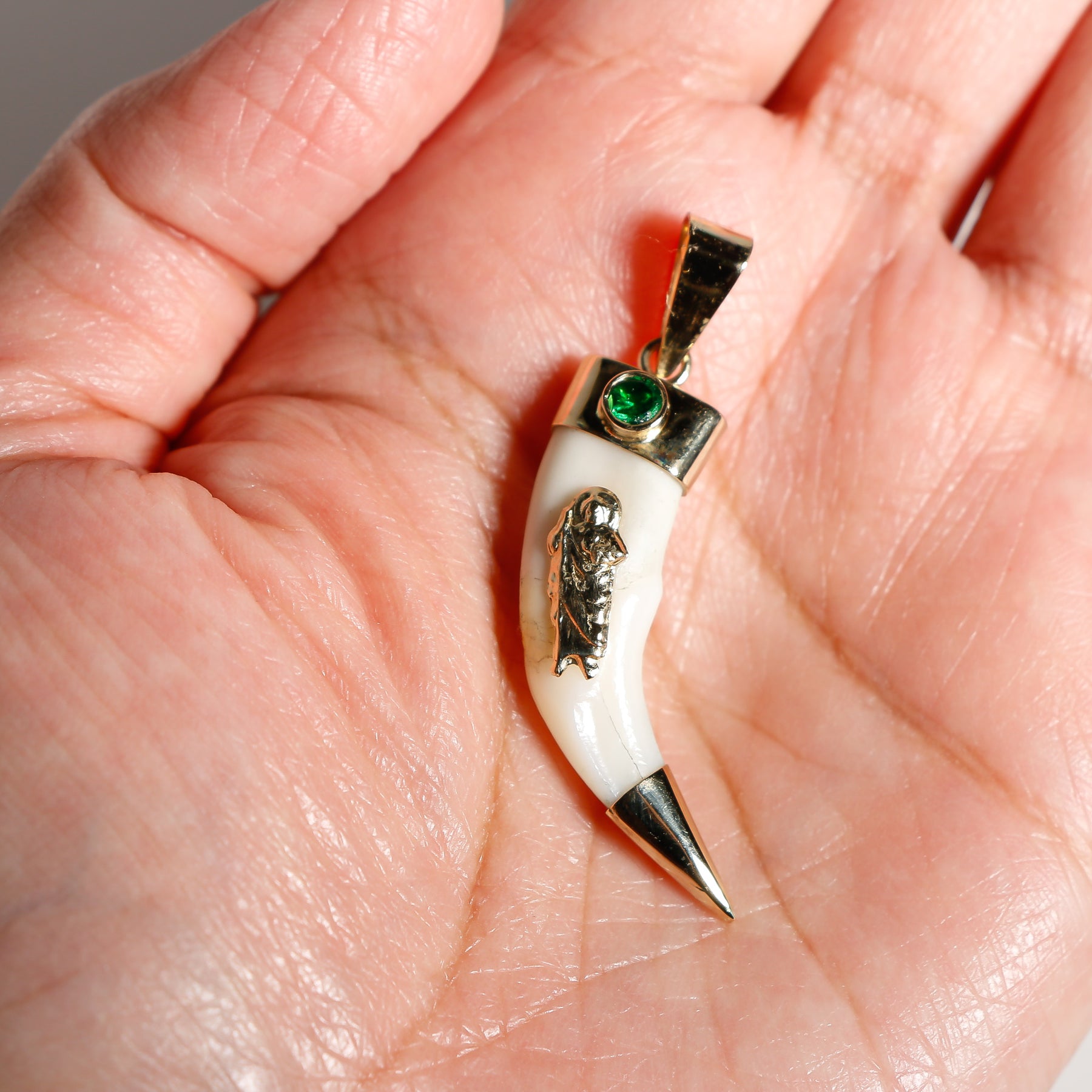 14K Solid Gold San Judas Tadeo Colmillo (Fang) Pendant with Emerald Color Cubic Zirconia