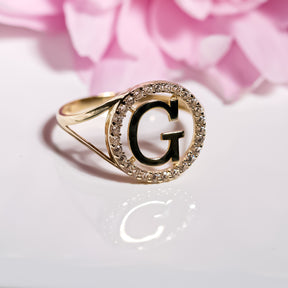 Letter G Ring cz, 14K Solid Yellow Gold